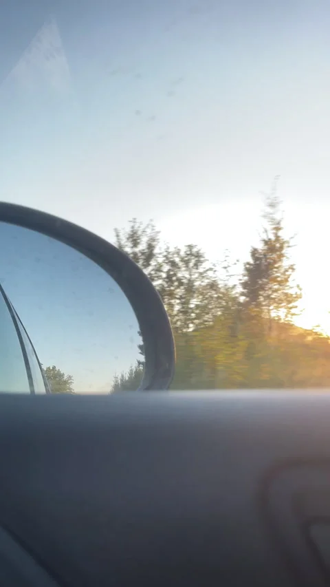 Rear view of car with asphalt road and green trees at sunset Stock Footage 285316992