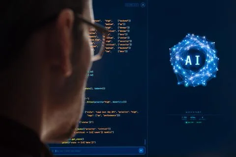 Rear view closeup of developer using AI Assistant for vibe coding on big sc.. Stock Photos