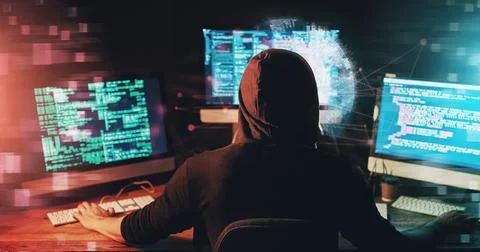 Rear view, computer and hacker with code, programming and internet with hologram Foto stock