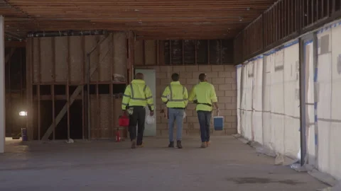 Rear View Of Construction Workers Carrying Equipment Video stock 270389559