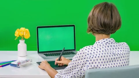 Rear view of a creative artist looking at computer display and using pen tablet 스톡 동영상 74006188