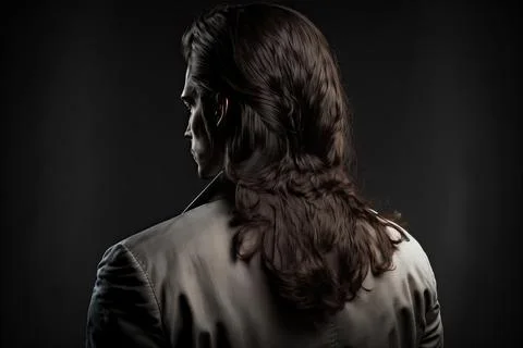 Rear view of dark brown long hair of a young man, ai generated Stock Illustration