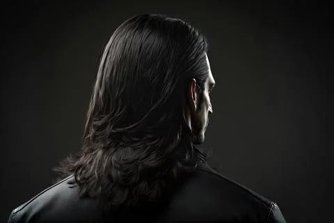 Rear view of dark brown long hair of a young man, ai generated Stock Illustration