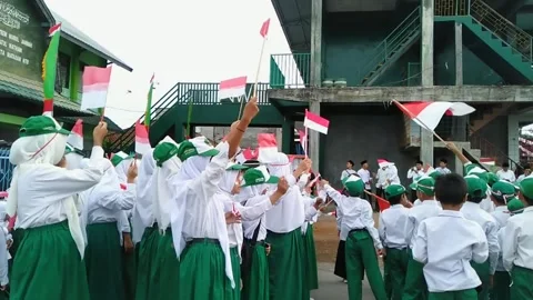 Rear view of elementary school students raising the Indonesian flag Stock Footage 246019513