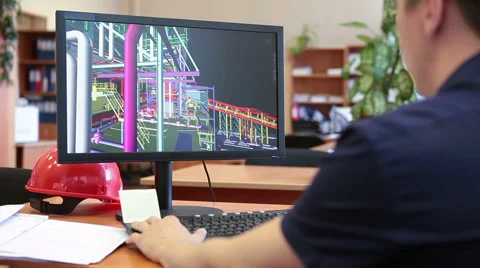 Rear view of engineer worker sitting on working place and making 3d model on pc Stock Footage 39979204