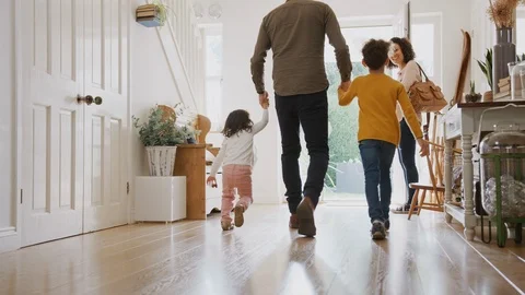Rear View Of Family Leaving Home On Trip Out With Excited Children Stock Footage