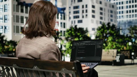 Rear view of female programmer on park bench writing code on laptop Video stock 343557125