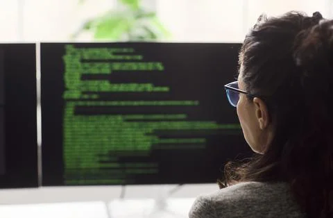 Rear view of female programmer reading code on dual monitors in modern office Foto stock