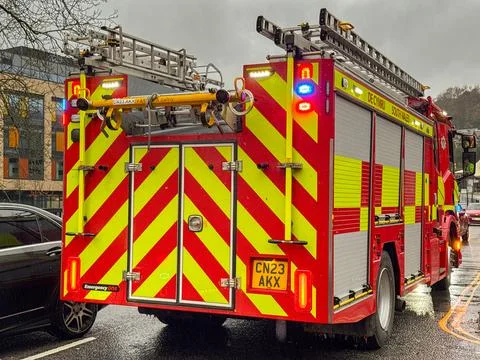 Rear view of a fire engine of the South Wales Fire and Rescue Service Stock Photos