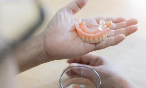 Rear view of flexible nylon denture on senior female hands. Removable dentu.. Stock Photos