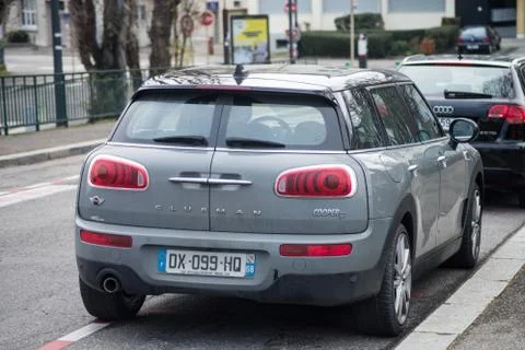 Rear view of grey mini cooper clubman parked in the street Stock Photos