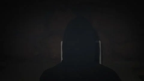 Rear view of a hacker in a dimly lit room focused on a computer screen Stock Footage 279182687