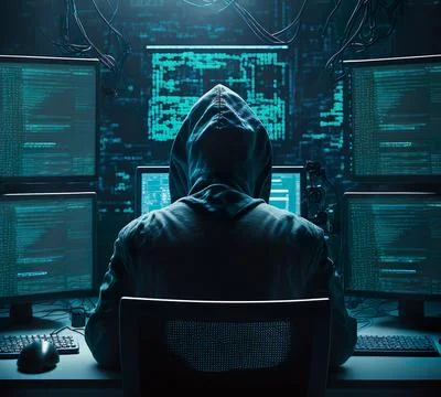 Rear view of hacker using computers for stealing data on desk Stock Illustration