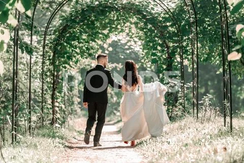 Rear view. happy bride and groom passing under the wedding arch. Stock Photos