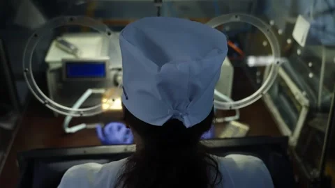 Rear view of a laboratory technician operating a sealed glovebox workstation Stock Footage 325975929