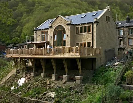 Rear view of a large stone built residence. Stock Photos