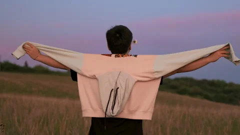 Rear view of a lonely young guy admiring the sunset. slow motion Video stock 162298651