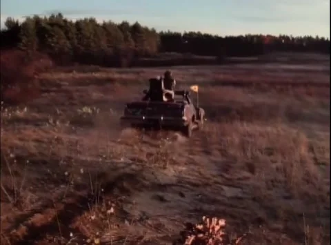 Rear view of man driving convertable through field, 1980s Stock Footage 260259045