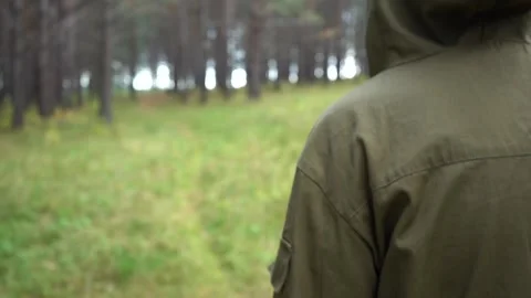 Rear view of a man forester examines, looks around the forest. Stock Footage 140206013