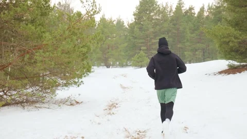 Rear view of a man jogging along a snowy forest path.  Stock Footage 330133468