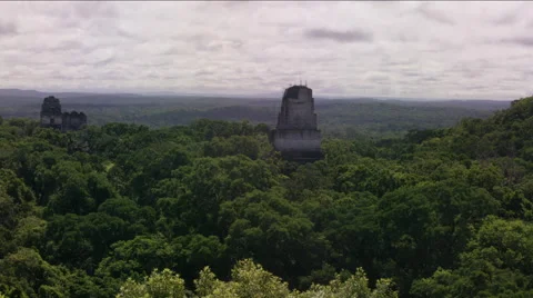 Rear view of a man pointing at Tikal ruins, Guatemala Stockbeeldmateriaal 63053355