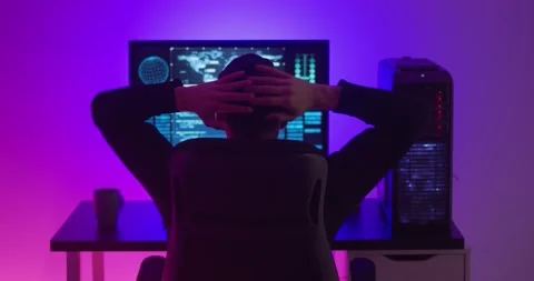 Rear view of man programmer enjoying while working at a computer at night Stock-Footage 153116776