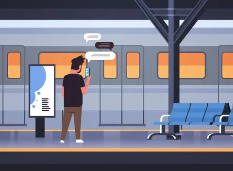 Rear view man standing on platform using chatting mobile app on smartphone so Stock Illustration