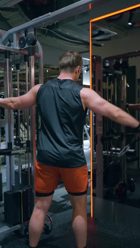 Rear View Man Training Side Deltoids on Cable Machine Stock Footage 340889150