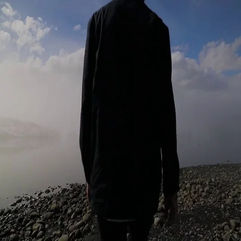 Rear view of man walking towards lake against cloudy sky Stock Footage 69404623