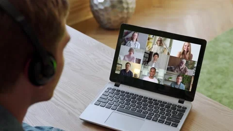 Rear view of men talking via video link with a variety of multiracial colleagues Stock-Footage 144837147
