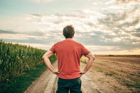 Rear view of a middle-aged man standing with hands on his hips on a dirt ro.. Stock Photos