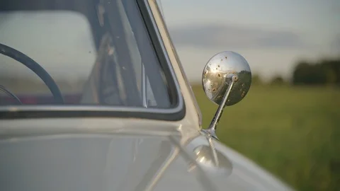 Rear view mirror of old white vintage soviet car Stock Footage 127850226