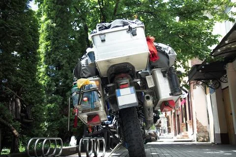 Rear view of a motorcycle with many boxes. Travel on bike concept Foto stock