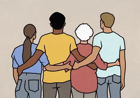 Rear view of multiracial men and women standing side by side with arms around Stock Illustration