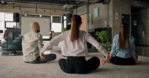 A rear view of office workers meditating and practicing yoga on a carpet Video stock 313276111