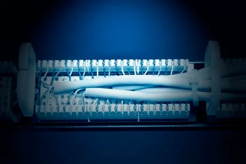 Rear view of a patch panel with wires Stock Photos