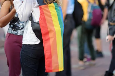 Rear view of people column during the Pride Parade. Stock Photos