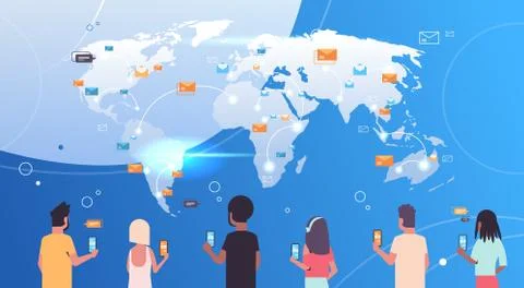 Rear view people using mobile messenger application men women holding 스톡 일러스트