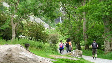 Rear view of people walking path near Aber Falls waterfall Stockbeeldmateriaal 169145829
