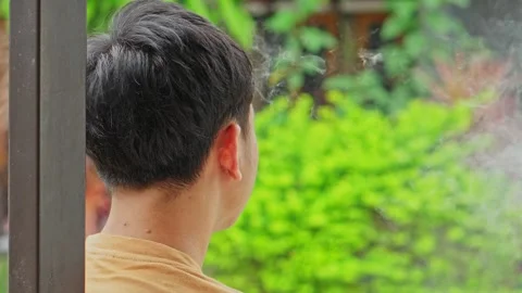 Rear view profile of man vaping or smoking next to garden green hedge Stock Footage 338416821