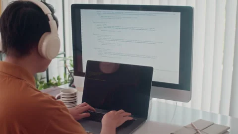 Rear View of Programmer Fixing Bugs in Code on Computer Stock Footage 265071149