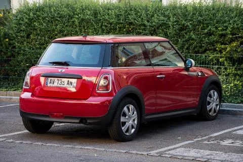 Rear view of red mini cooper one parked in the street Stock Photos