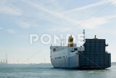 Rear View Of Roro Ship On Ocean, Vlissingen, Zeeland, Netherlands