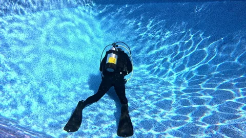 Rear view of scuba diver on pool bottom. Stock Footage 319253964