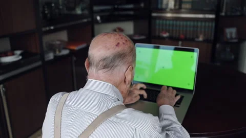 Rear view shot of old man in retirement working at home with green screen laptop Stock Footage 201402180