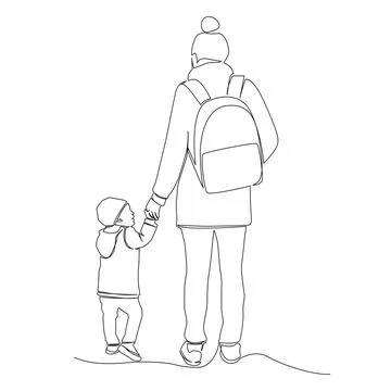 Rear view single line drawing of mother and young child walking hand in hand イラスト素材