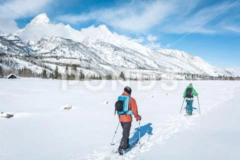 Rear view of skiers walking on field against snowcapped mountain Stock Photos