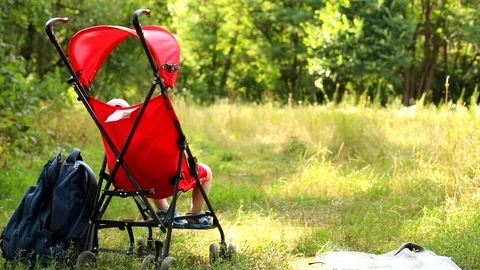 Rear view of stylish red stroller with traveling sleeping baby boy in sunny park 스톡 동영상 113686877