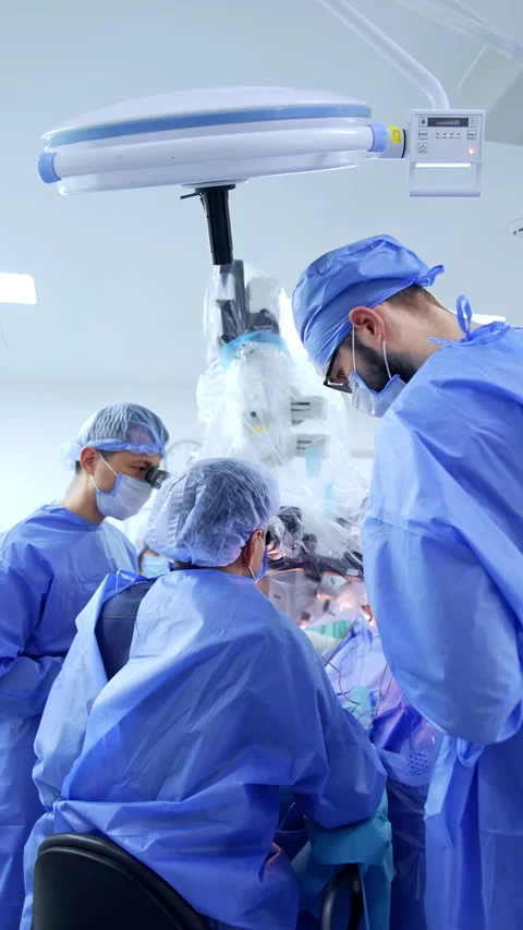 Rear view of the surgeon sitting at microscope  Vidéo 297298484