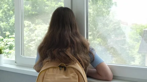 Rear view of thoughtful schoolgirl with backpack looking out of window Stock Footage 341343997